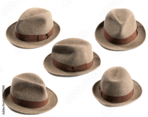 a multiple view light brown fedora hat isolated on white