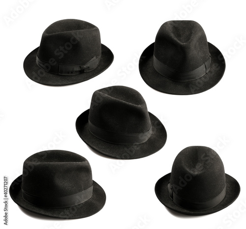 multiple view of black fedora hat isolated on white photo