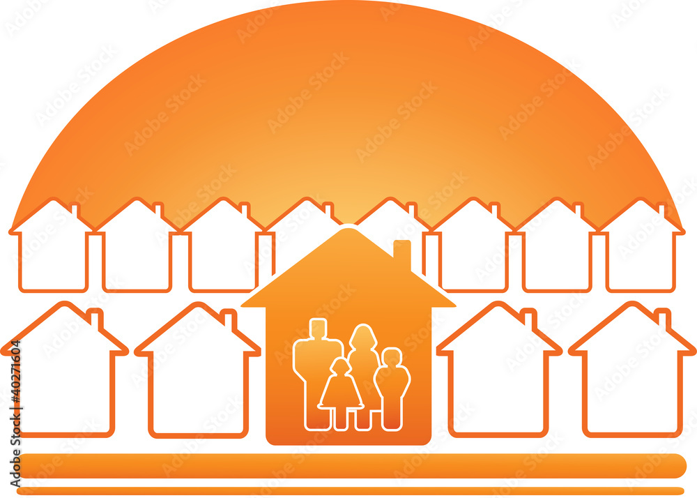 Naklejka premium red sign with family, house and sun silhouette