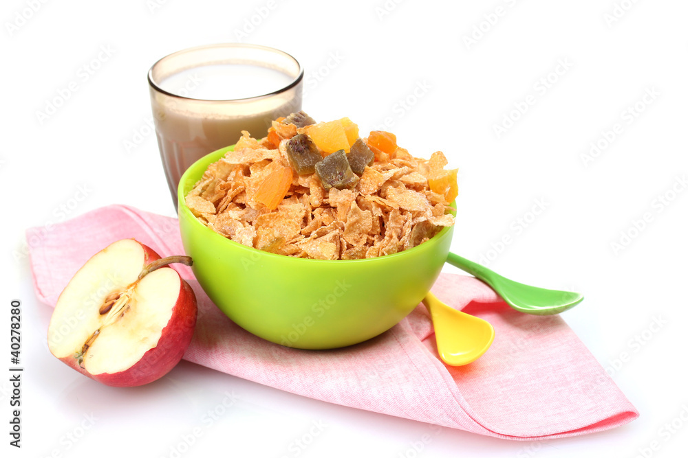 tasty cornflakes in green bowl and glass of milk isolated tasty cornflakes in green bowl and glass of milk isolated