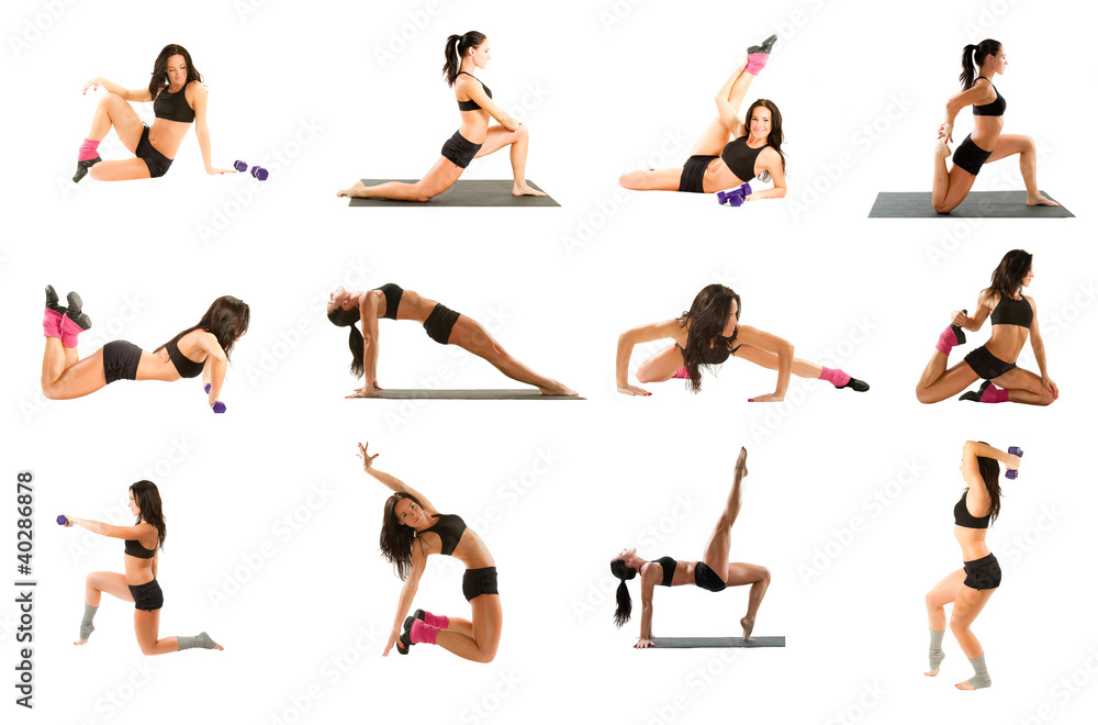 Obraz premium woman exercising collage - yoga,fitness,pilates,aerobics