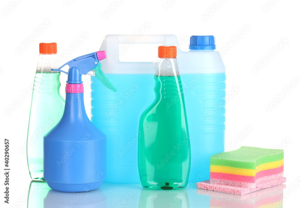 canister with liquid and detergent bottles isolated on white canister with liquid and detergent bottles isolated on white