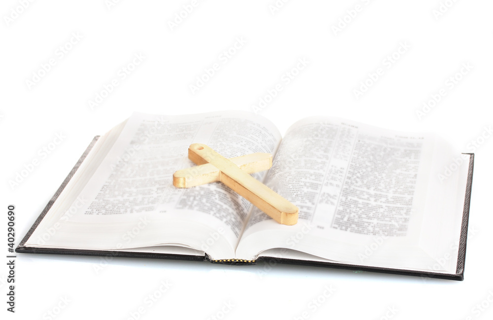 Obraz premium Russian bible and wooden cross isolated on white