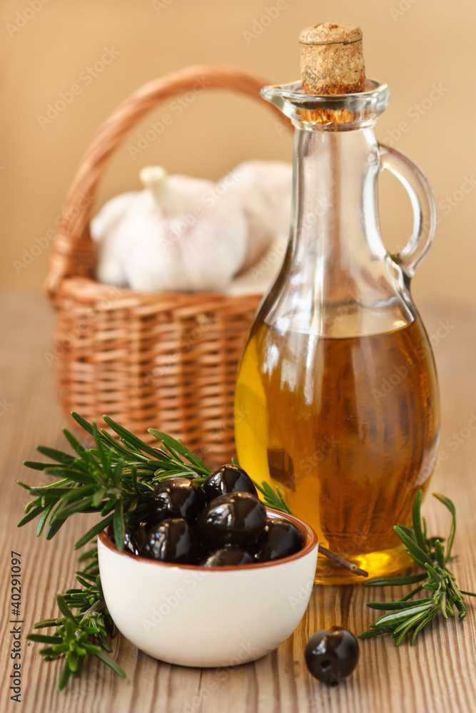 Olive oil and olives. Olive oil and olives.