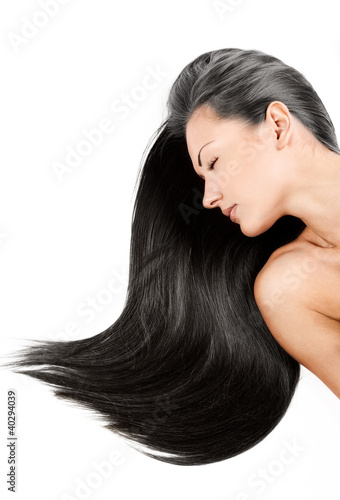 brunette woman with long shiny healthy natural hair