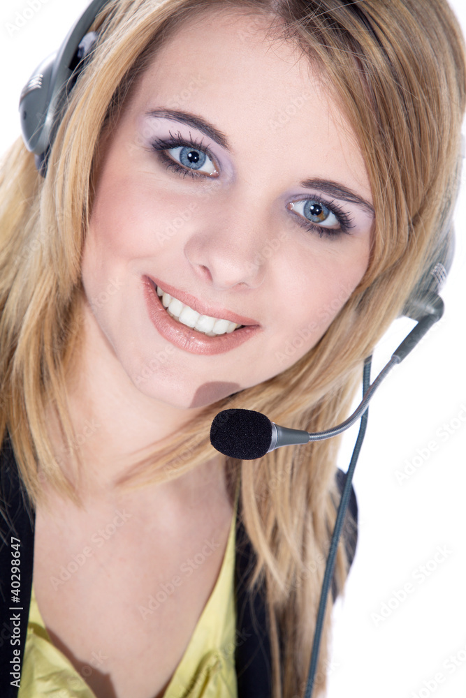 Business Frau Gesicht mit Head Set lächelt Nahaufnahme Business Frau Gesicht mit Head Set lächelt Nahaufnahme