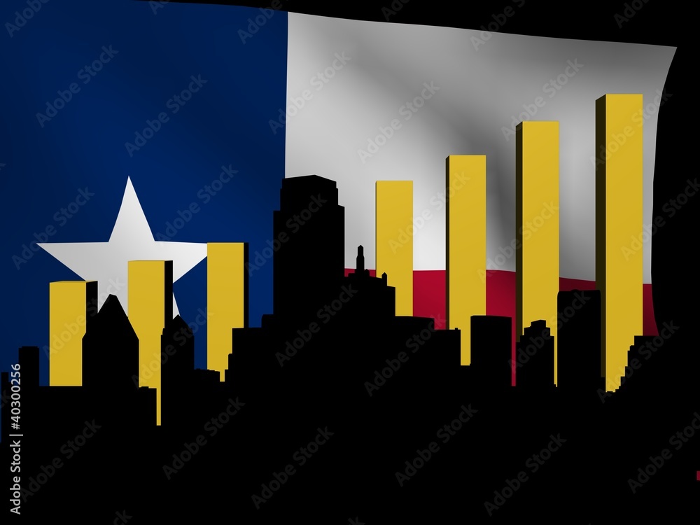 Dallas skyline and graph over Texan flag illustration