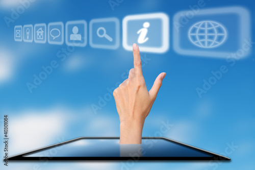 hand protrude from mobile phone press icon, concept