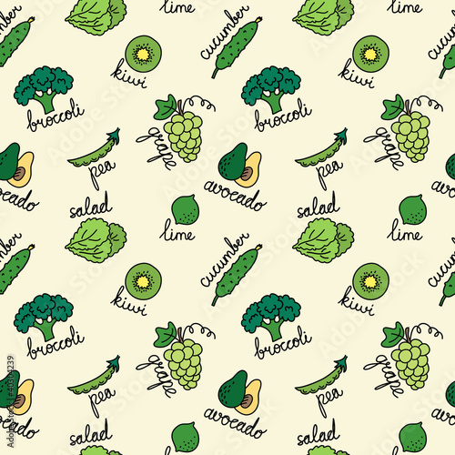 pattern with green cartoon fruits and vegetables