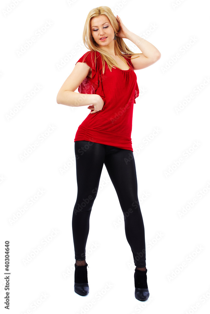 Woman in red and black on white Woman in red and black on white