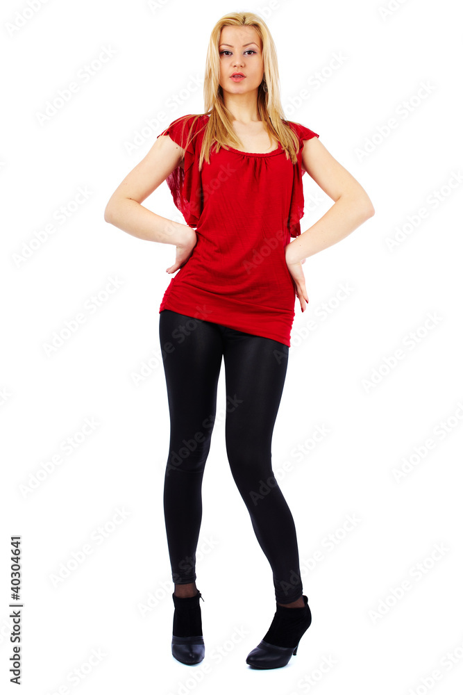 Woman in red and black on white Woman in red and black on white