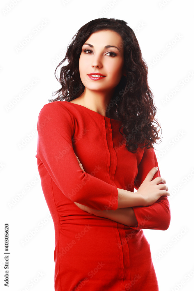 Beautiful brunet woman with curly hair folding hands isolated Beautiful brunet woman with curly hair folding hands isolated