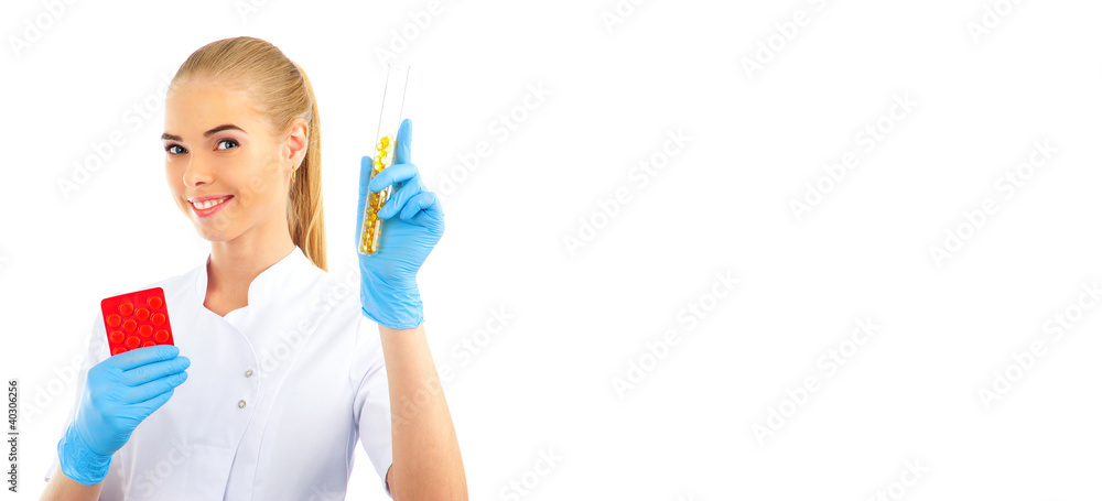 Doctor giving a pill. Hand with pill on foreground Doctor giving a pill. Hand with pill on foreground