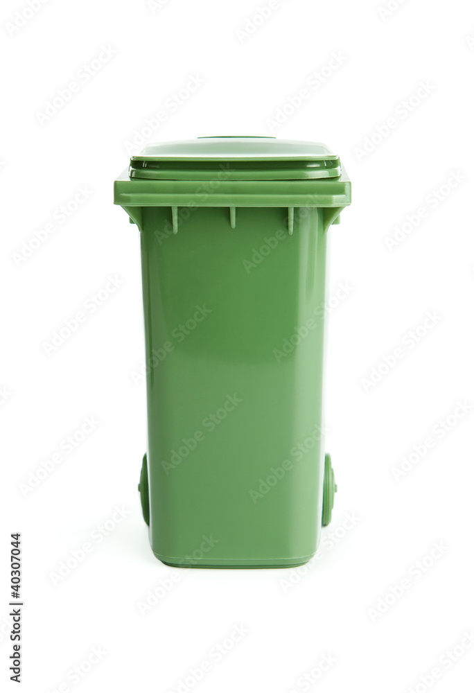 Green plastic garbage bin isolated on white background Green plastic garbage bin isolated on white background