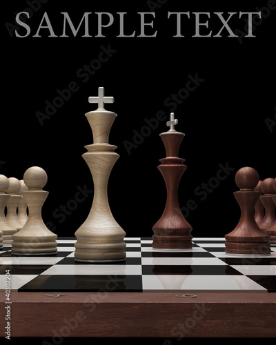 wooden Chess kings on black blackboard