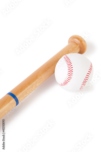 Baseball with wooden bat on white