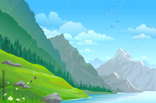 HIGH MOUNTAIN AND RIVER IN VALLEY