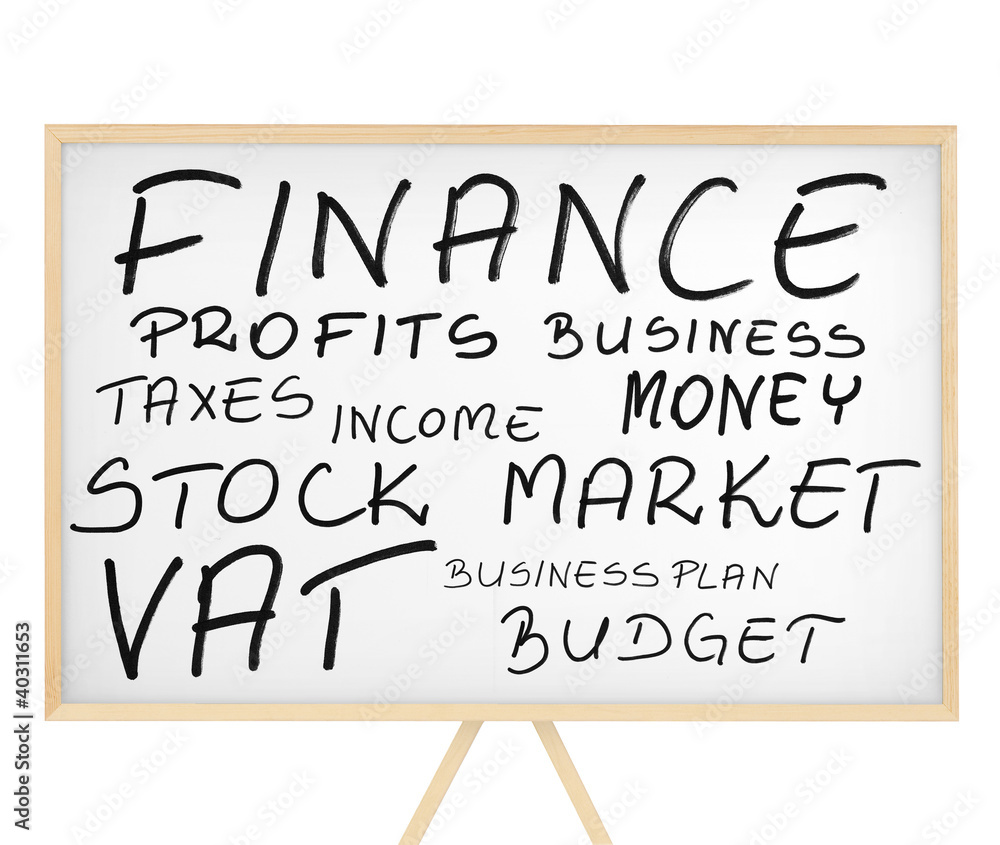 Obraz premium Finance related words cloud on white board