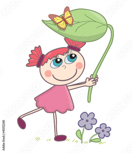 A little cartoon girl with a lief and a butterfly on it