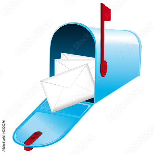 Opened blue metallic mailbox. Red flag up.