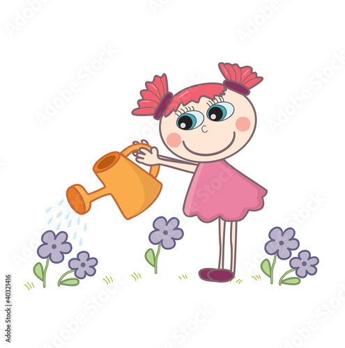 A little cartoon girl watering flowers