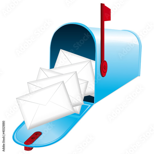 Mail overflowing from the blue metallic mailbox.