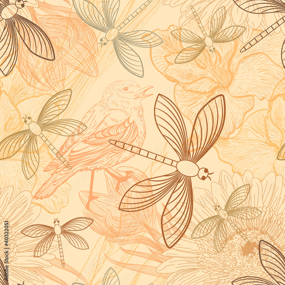 Seamless background with handdrawn birds and dragonflies Seamless background with handdrawn birds and dragonflies