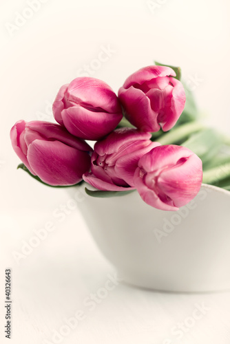 Fototapeta Naklejka Na Ścianę i Meble -  Dark Pink Tulips in a Bowl