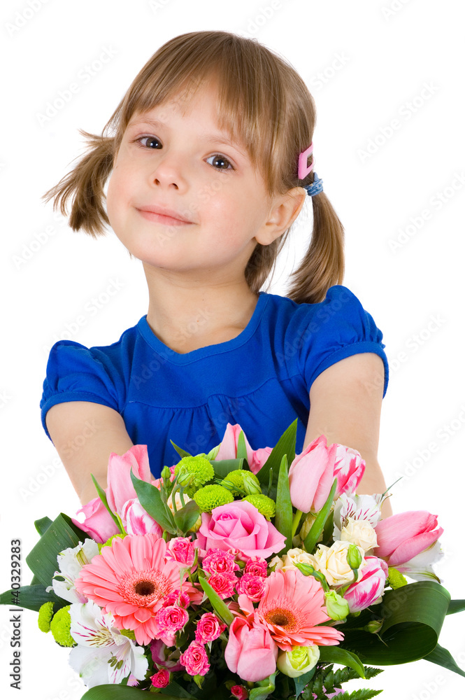 little girl with a bouquet of flowers. isolated on white little girl with a bouquet of flowers. isolated on white
