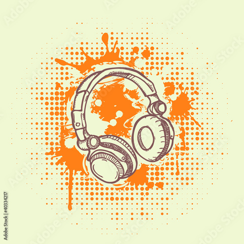 Vector illustation of headphones on  grunge background