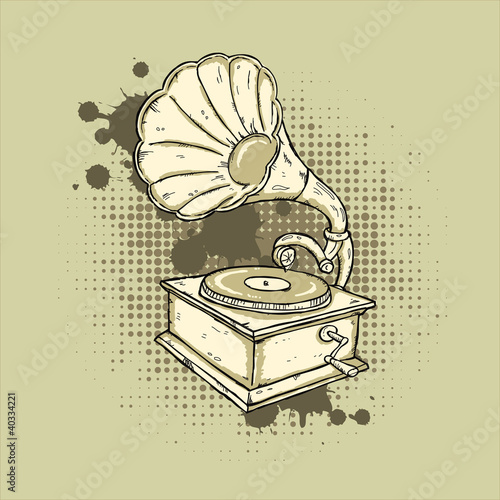 Hand-drawn gramophone on grunge background.