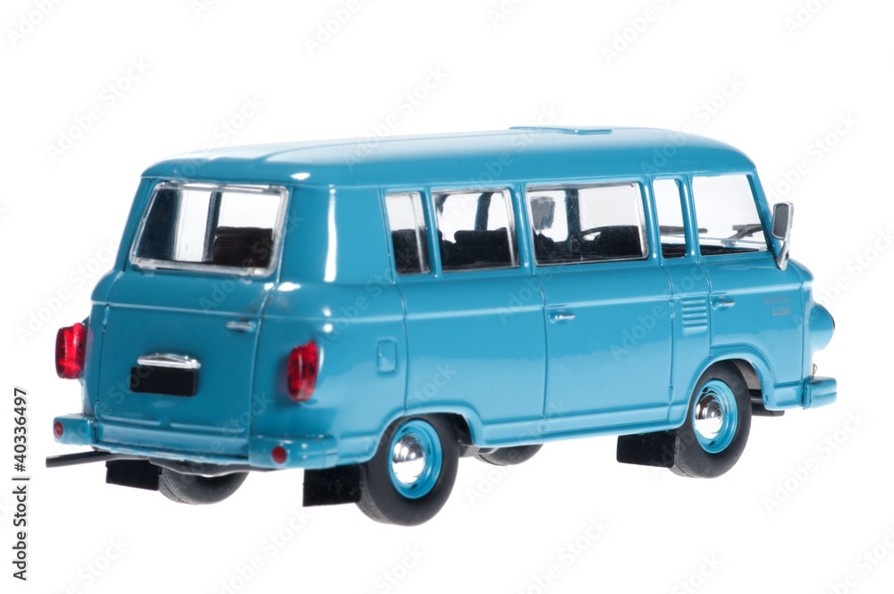 Old blue minibus back on white background.