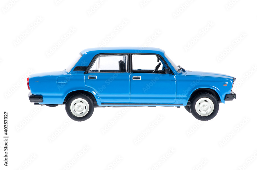Blue family old car on white background.