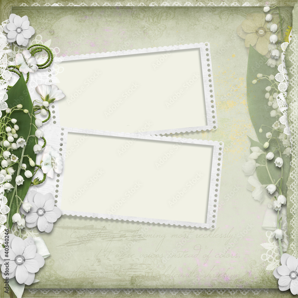 Vintage background with frame and white spring flowers