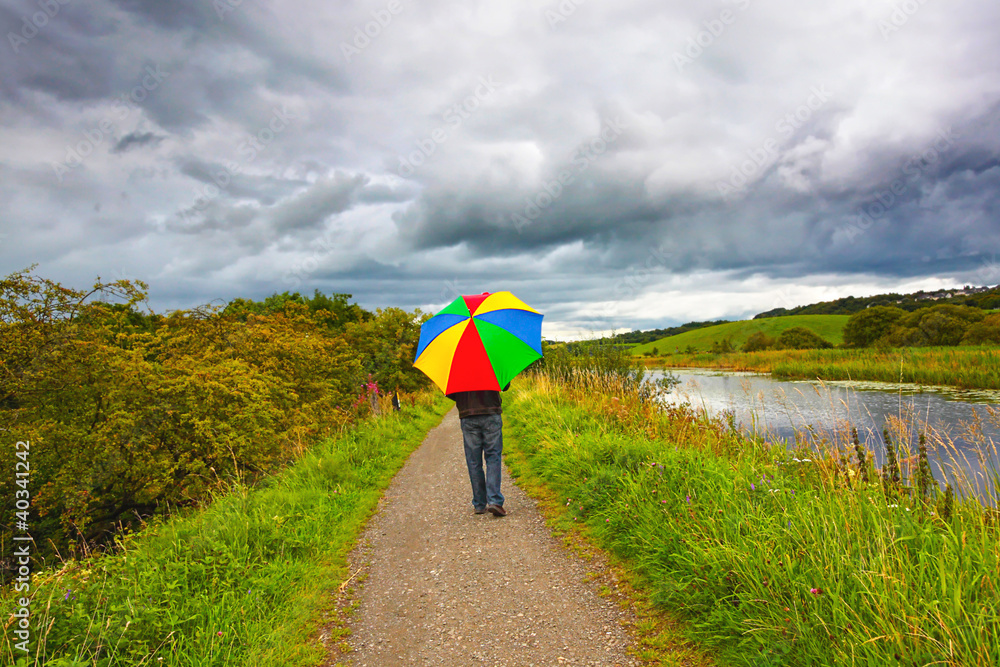 A man walking in the rain along Forth and Clyde Canal, Scotland