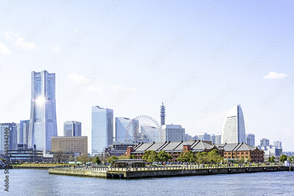 Scenic view of Yokohama marina across the water in Japan