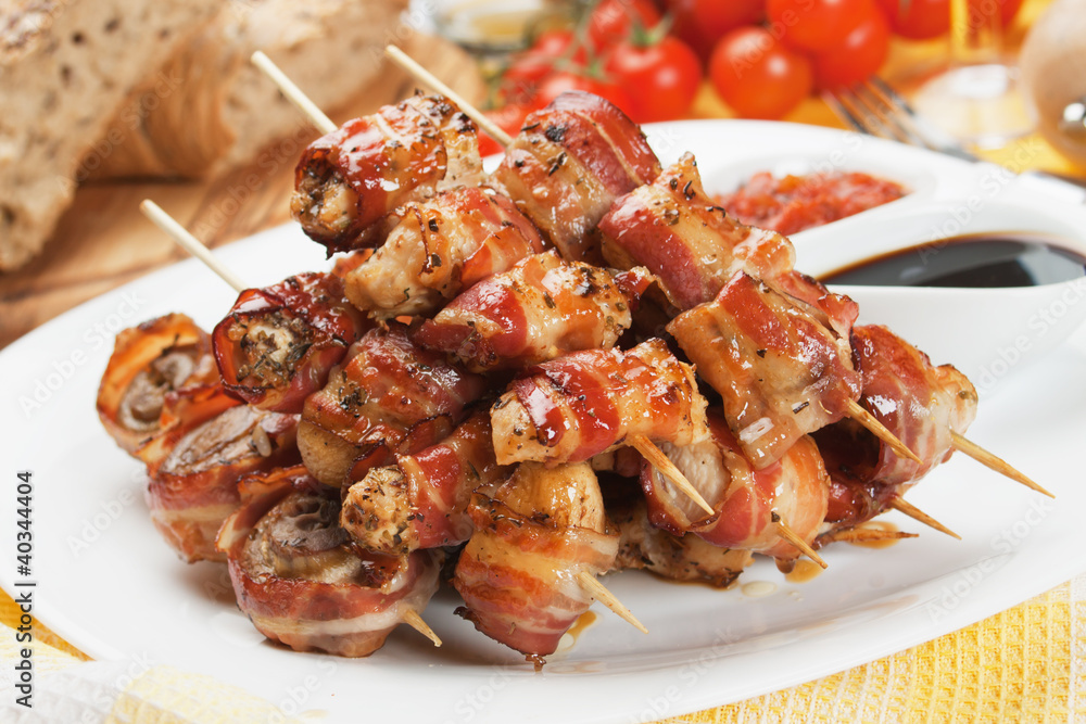 Bacon, chicken and mushroom kebab skewer