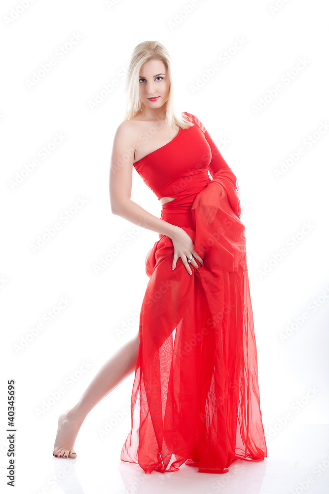 woman on a white in red fabric woman on a white in red fabric