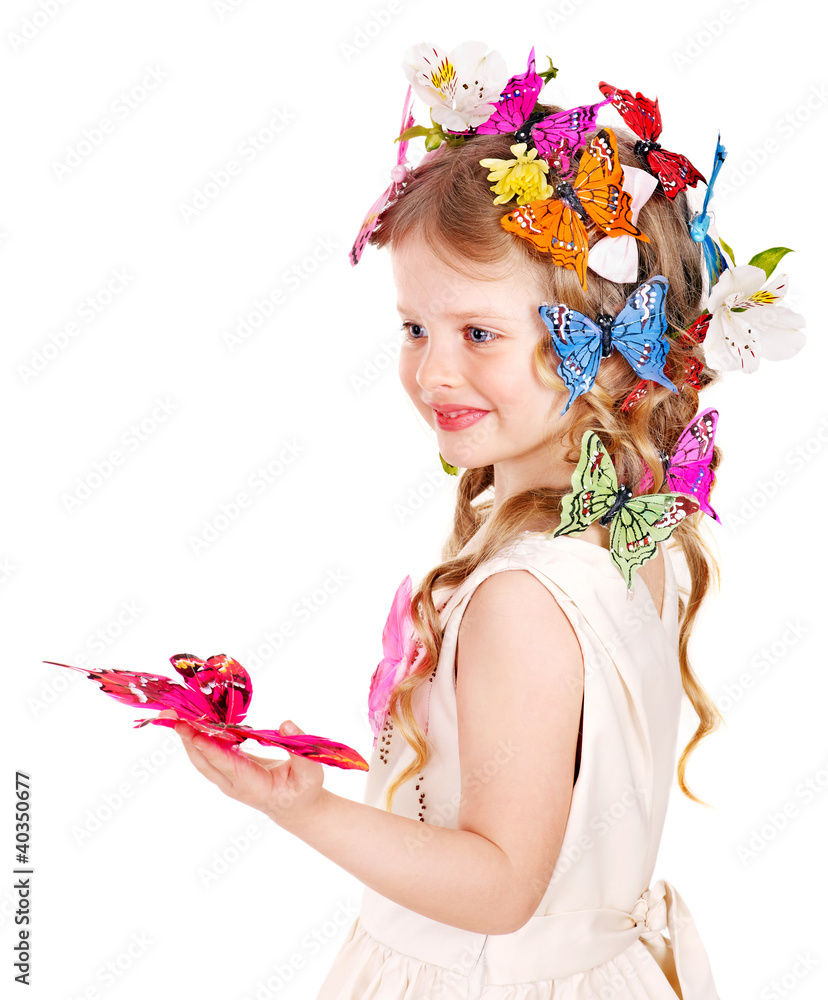 Fototapeta premium Child in spring hairstyle and butterfly.