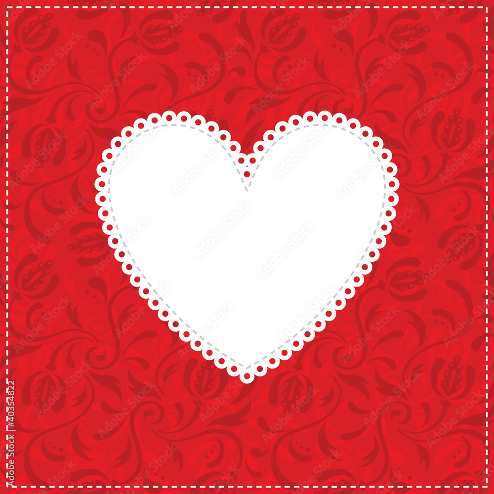 White lacy heart on red ornamental background. White lacy heart on red ornamental background.