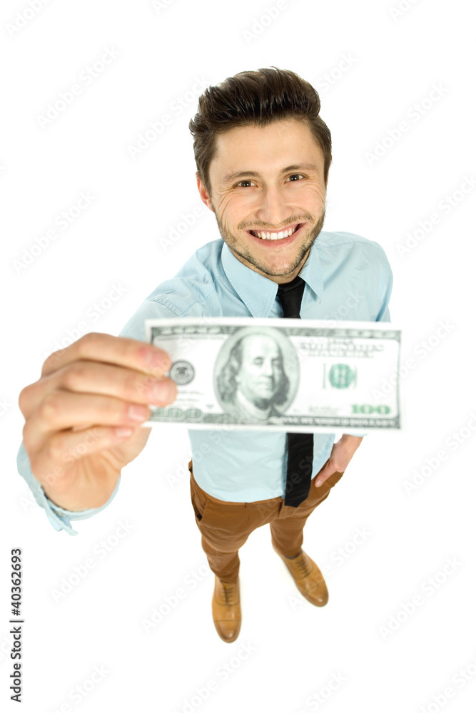 Man holding dollar bill Man holding dollar bill