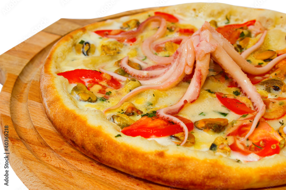 Appetizing pizza with an octopus seafood on a wooden trayisolate Appetizing pizza with an octopus seafood on a wooden trayisolate