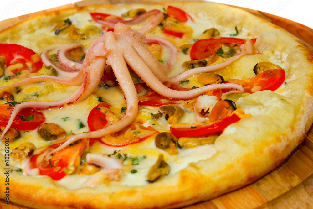 pizza Appetizing with octopus seafood on a wooden tray isolated pizza Appetizing with octopus seafood on a wooden tray isolated