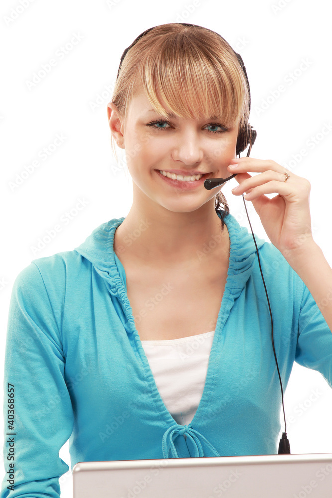 A friendly customer service girl working, isolated on white A friendly customer service girl working, isolated on white
