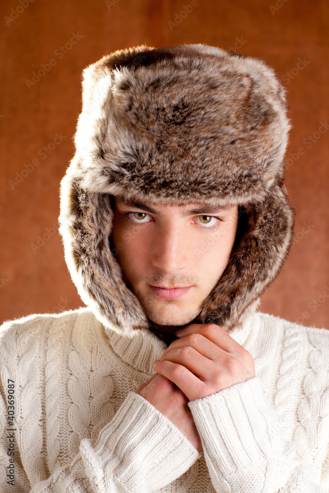 autumn winter man with brown fur cup hat autumn winter man with brown fur cup hat