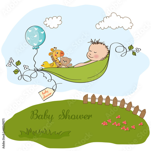 little boy sleeping in a pea been, baby announcement card
