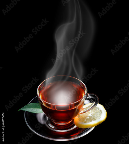 Cup of tea black background, space for text