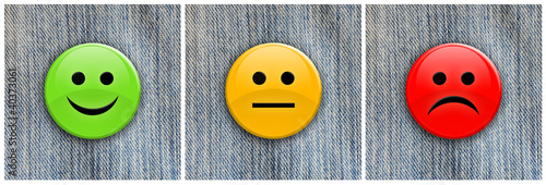Smile / frown badges on denim