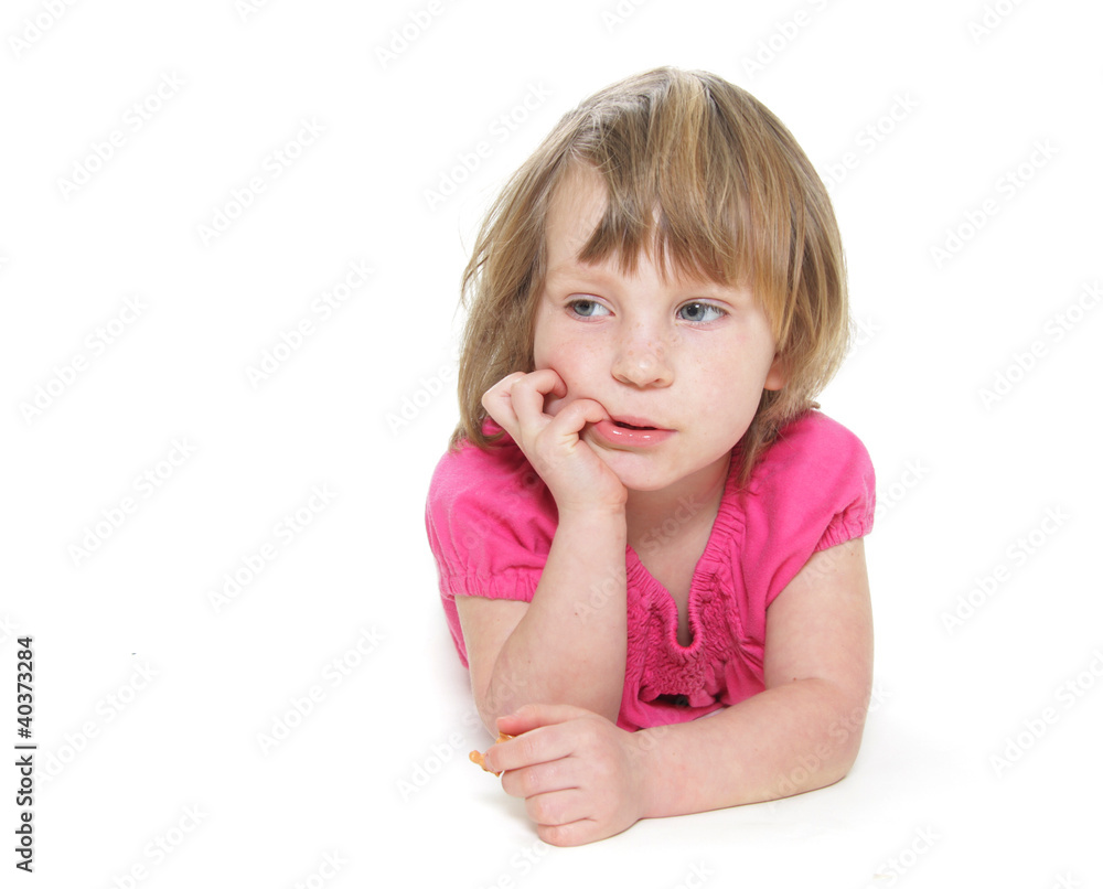 studio portrait of young pensive girl over white studio portrait of young pensive girl over white
