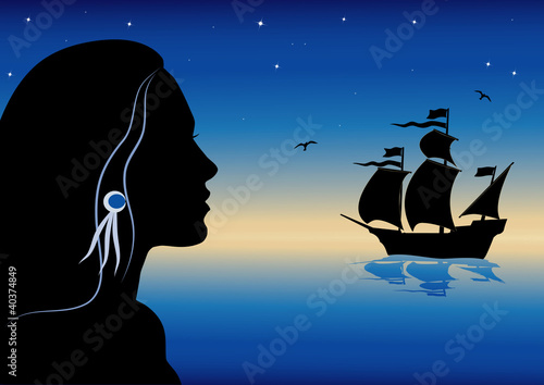 vector illustraion with girl and caravel